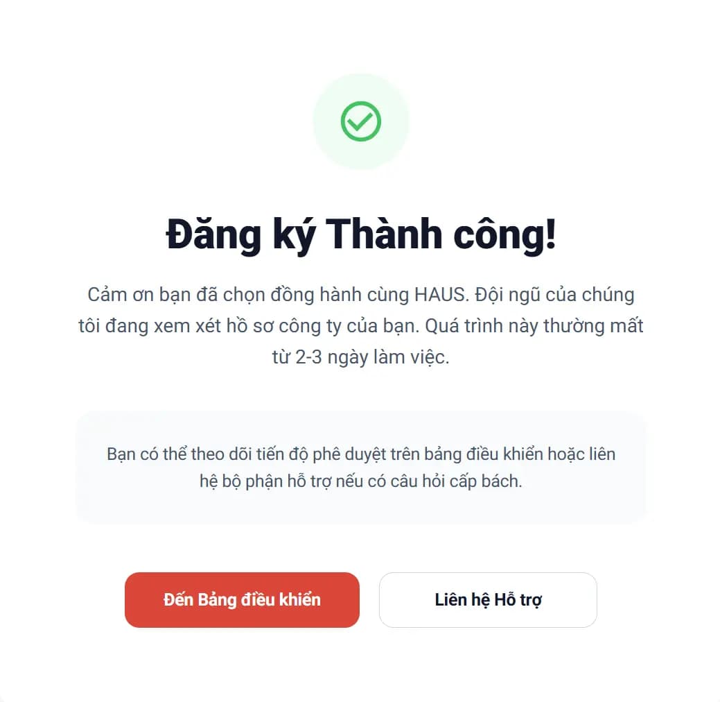 Đăng ký thành công và chờ phê duyệt hồ sơ